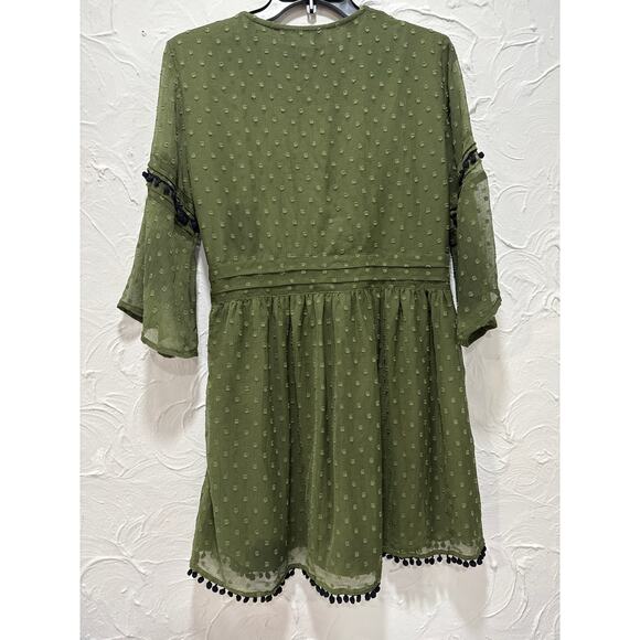 Zara Army Olive Green Swiss Dot Polka Dot Pom Pom Chiffon Mini Dress-Size: Large - Picture 4 of 9